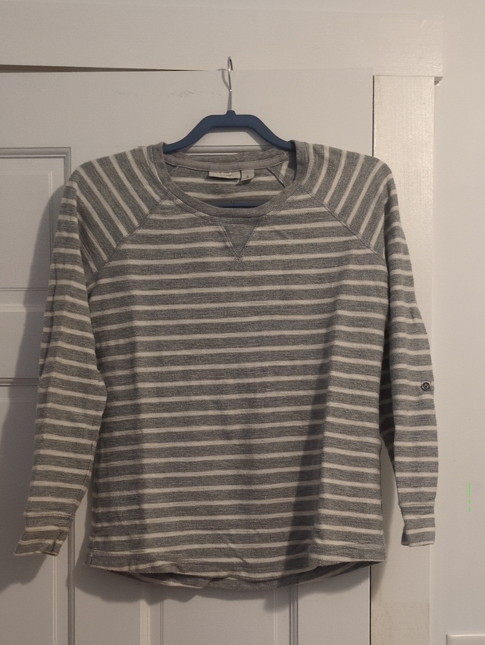 Women's Grey & White Striped Crewneck Sweater
